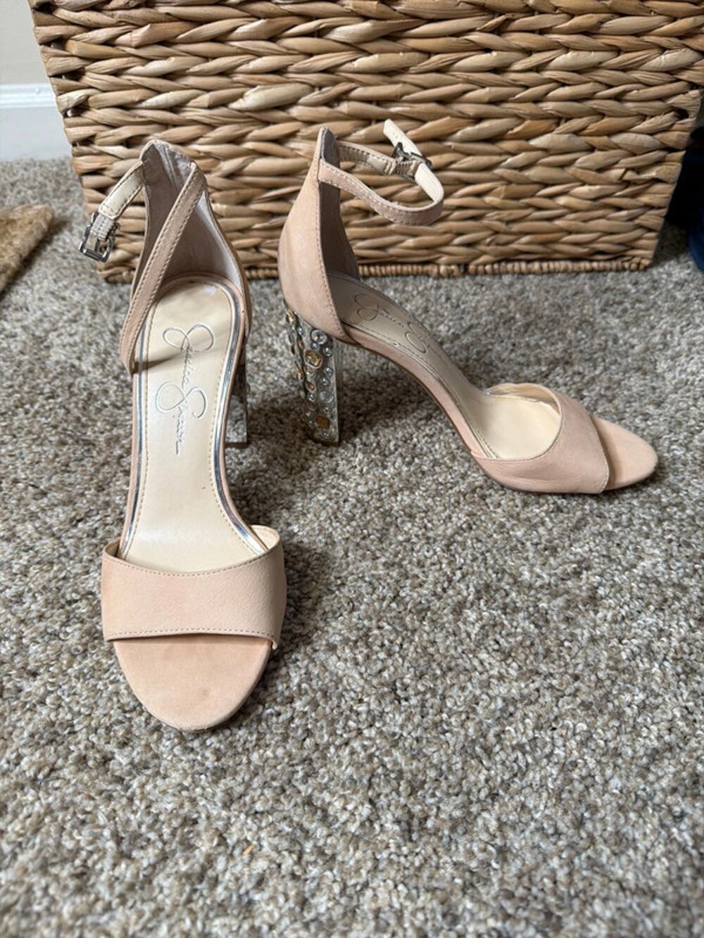 Jessica Simpson 7 tan leather heels jewel block heel 731